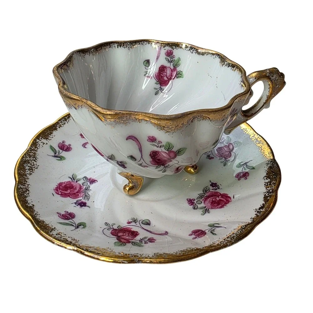 Vintage Footed Porcelain Teacup and Saucer Set Pink‎ Roses Gold Gilt Swirl Trim